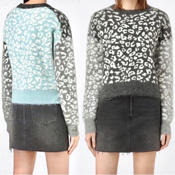 All Saints Leya Crewneck wool mohair leopard animal print pattern sweater fuzzy - Picture 1 of 8